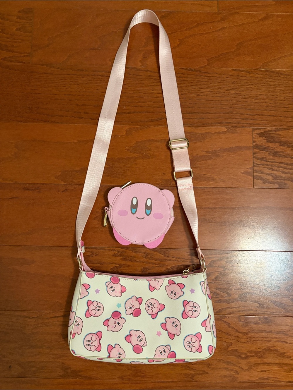 Kirby Character Repeat Print White Handbag and with Zipper Wallet